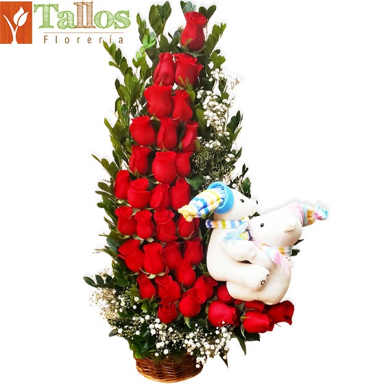 arreglo floral con abundantes rosas rojas y pareja de peluches coin entrega en Lima